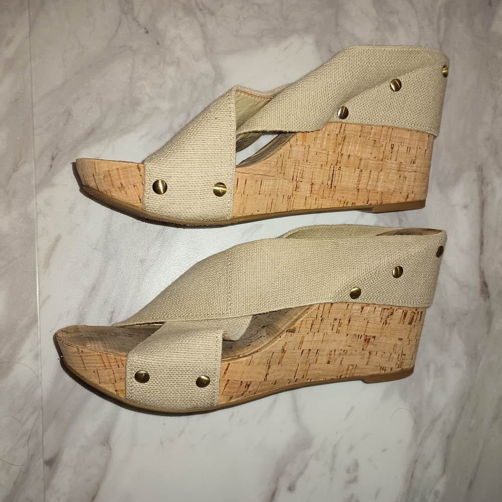 Lucky Brand Miller Tan Cross-Strap Cork Wedge Sandals 8.5 - Picture 5 of 8